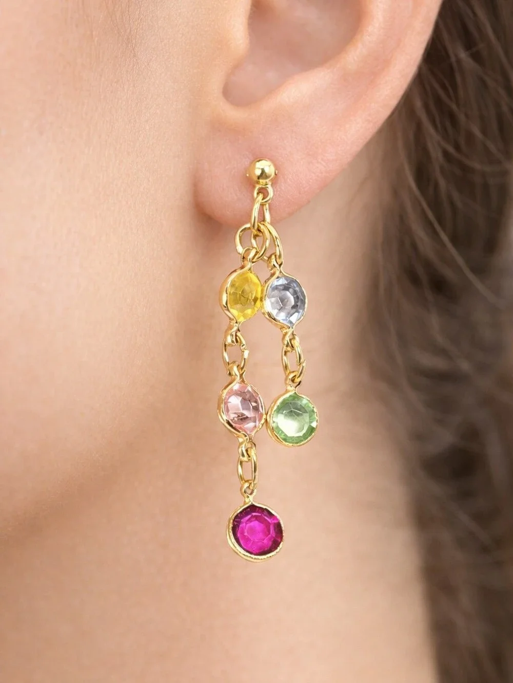 Gold tone Chain Drop Earrings Multicolor Crystal Dangles Stylish Women's Jewelry